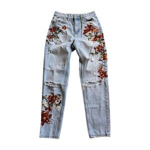 Topshop Moto Embroidered Mom Jeans W26 L32 Floral Distressed